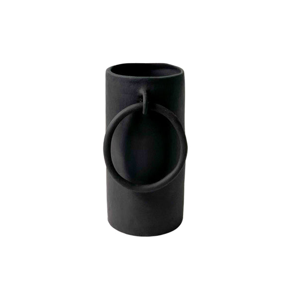 Black ceramic vase with small decorative ring