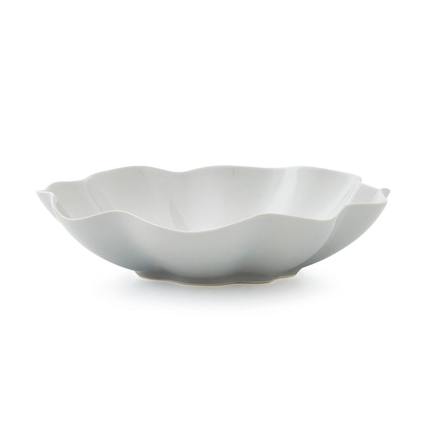 Grey glazed ceramic large serving bowl with scalloped wavy edge