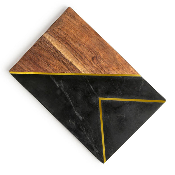 Black marble and wood tray with brass inlay