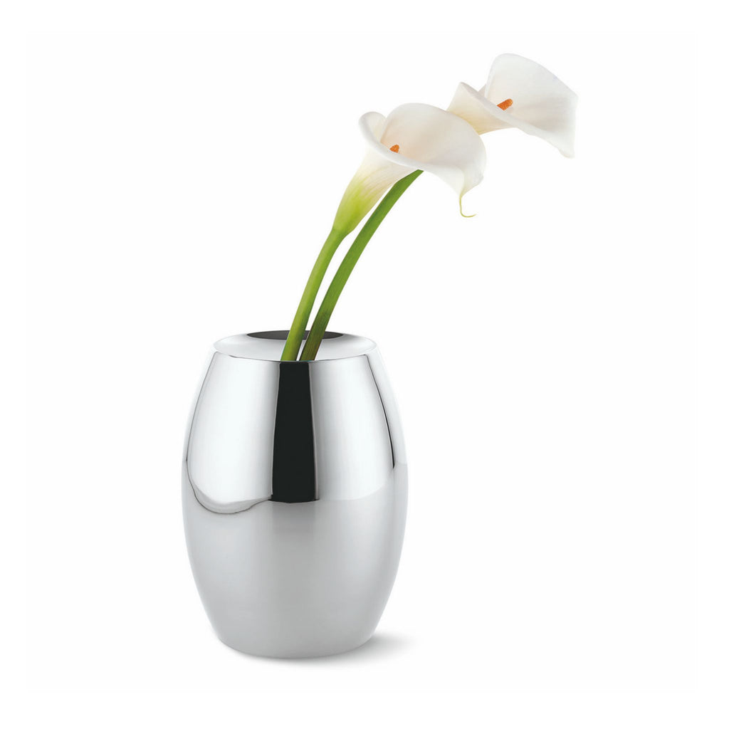 Large stainless steel vase with white calla lilies