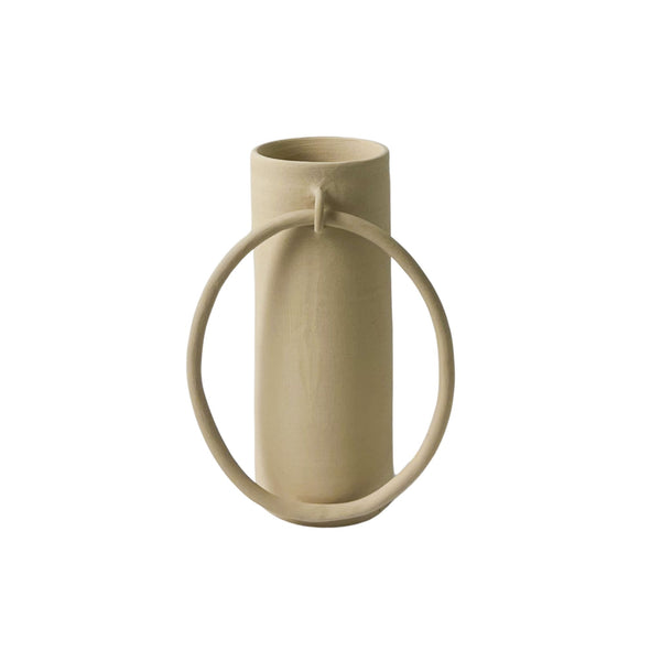 Taupe ceramic vase with large decorative ring